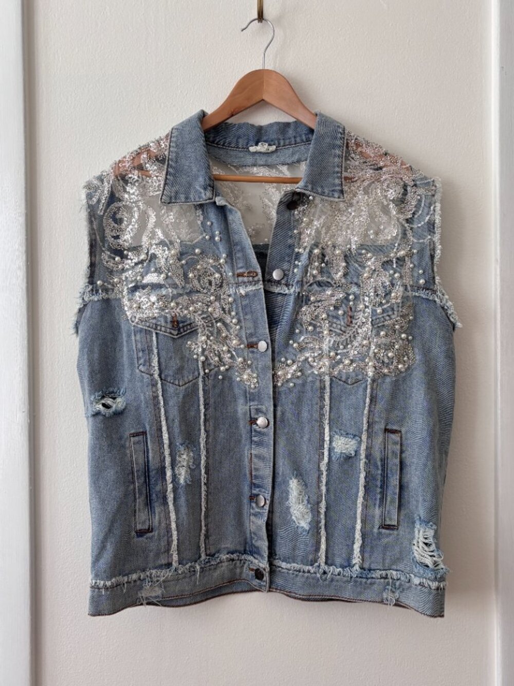 POL Sequin & Pearl Embellished Distressed Denim Trucker Vest - Picture 5 of 11